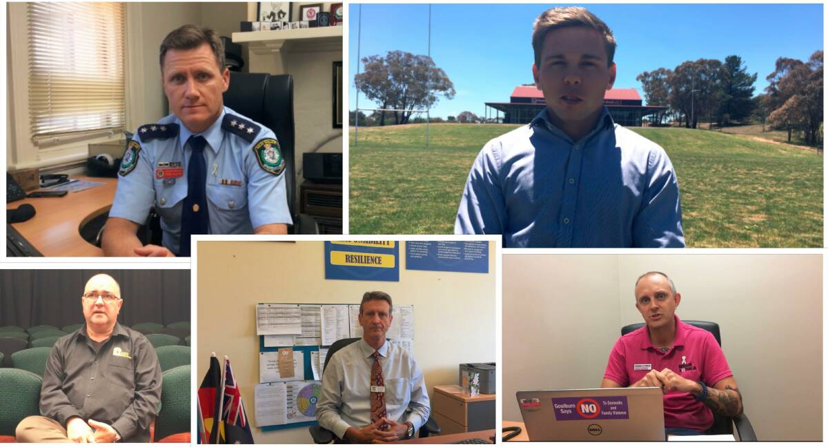BLOKES SPEAK OUT: Hume LAC Crime Manager Chad Gillies, Goulburn Dirty Reds Club President Jackson Reardon, Mission Australia SE NSW Manager Daniel Strickland, Goulburn High School Principal Paul Hogan and Paul-Scott Williams from the Goulburn Regional Conservatorium (clockwise). 