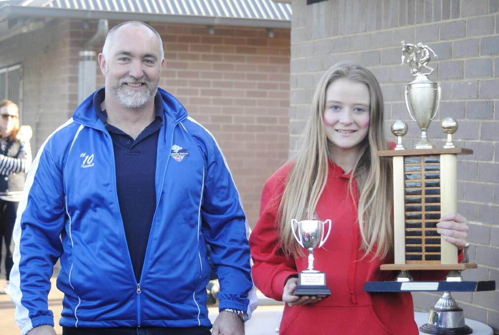 TROPHY: Highlands Soccer Association's Ian Campbell presents the Chris Jacobs Cup trophy to Crookwell captain Annie Croker. Photo: Josh Bartlett