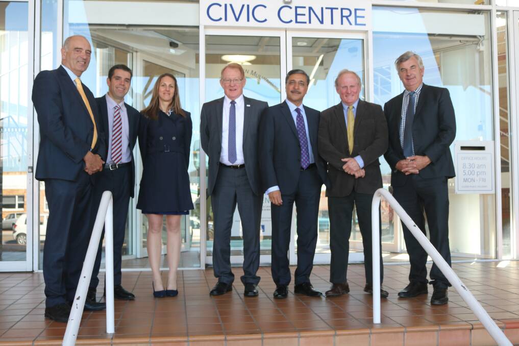UNIVERSITY TALK: General Manager Warwick Bennett, Victor Pantano (Director Innovation & Engagement at UC), Eve Martin (Senior Business Manager at UC), Mayor Bob Kirk, Deep Saini (President and Vice Chancellor at UC) Guy Milson (Chair of Goulburn University Centre Steering Committee) and Duncan Taylor (CEO of Country Universities Centre). Photo: supplied. 
 