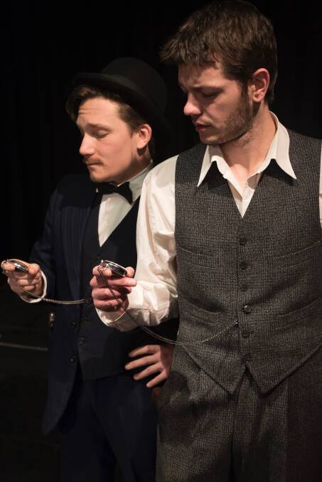 CRIME: Blake Selmes as Dr Watson and Joshua Waters and Sherlock Holmes in the new Leider Theatre comedy Baskerville. Photo: Danny Scott. 