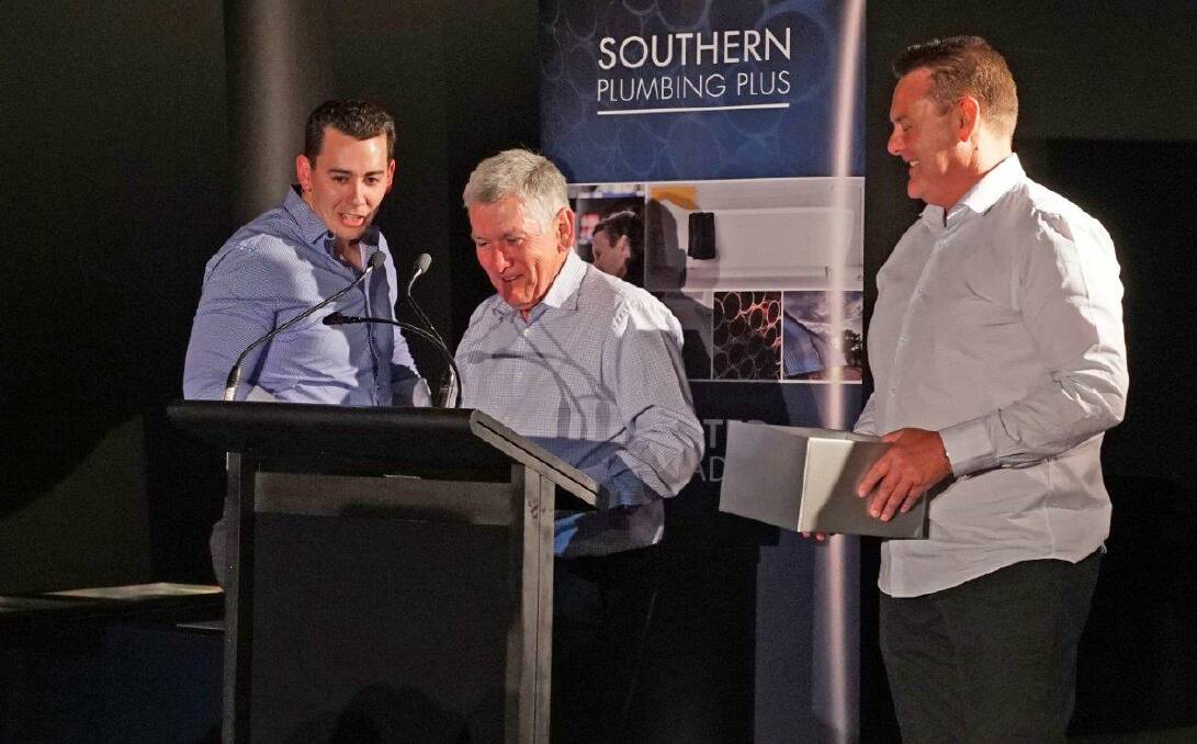 GIVING BACK: Southern Plumbing Managing Director Warwick Beutler (middle) inspired Goulburn bred Tom Stephens (left) to give back to Menslink, which has supported young men for the past 15 years. Photo: supplied. 