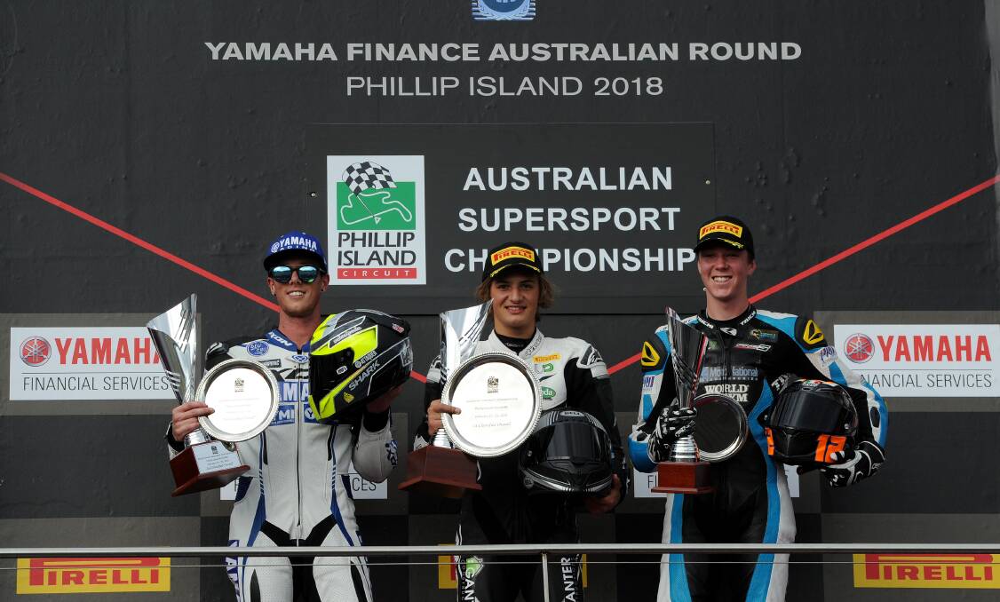 TOP THREE: Australian Supersport podium. L-R Cru Halliday (2nd), Tom Toparis (1st), Broc Person (3rd). Photo: Russell Colvin
