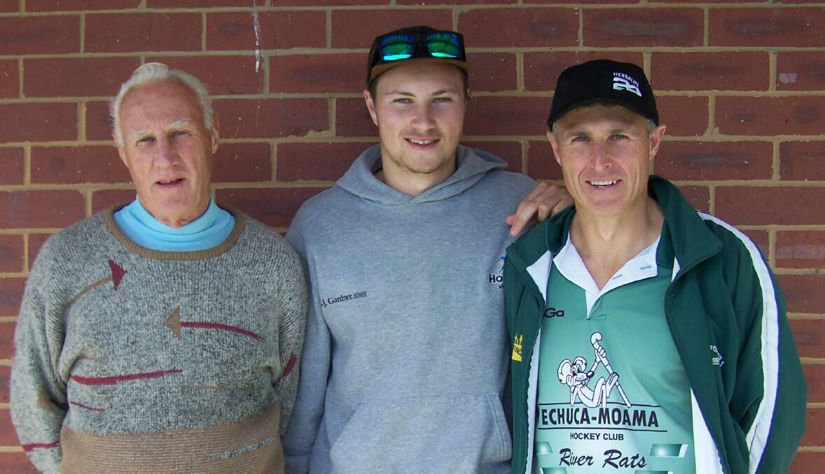 TRADITION: Three generations of Gulsons who play hockey: grandfather Geoff, grandson Jayden, and Michael. The extended Gulson family - including Kali, Marli and Joanne - is renowned in the sport. Photo: supplied