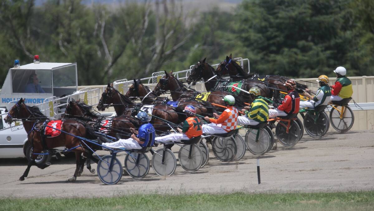 READY: Pacers line up behind the mobile barrier ready for the start of their race at Goulburn Recreation Area Paceway last season. Photo: Supplied