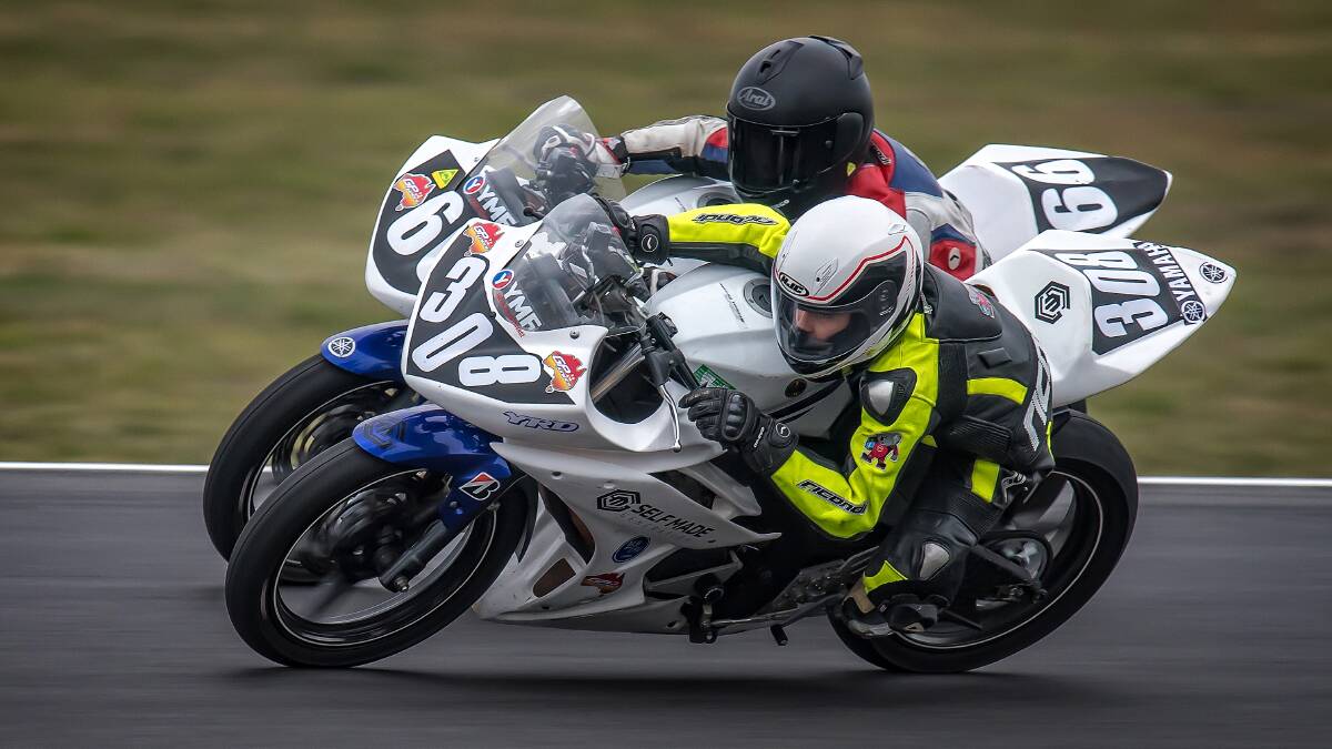 ELBOW TO ELBOW: John Lytras (#308) and Joel Kelso (#66) hard at it in one of last year’s GP Junior Cup Championship battles. Photo: supplied