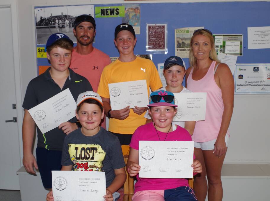 PROMISING: Tennis scholarship recipients Charlie Lang, Ella Ferris, Ethan Crooks,  Kade Robertson and Braeden Ferris with coach David Ridland and president Natalie Rowsell.