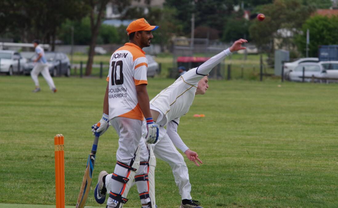 OPENING BOWLER: Max Flack for Hibo Colts bowling to Soldiers Warriors' Shreedharan Sreejesh with Jobin Thomas off strike. Photo: Darryl Fernance