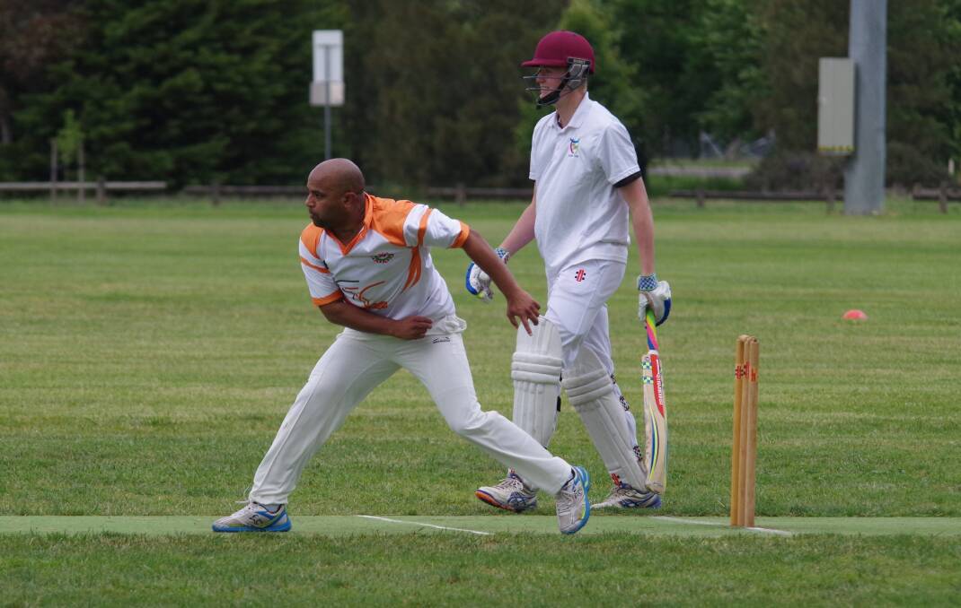 ON TARGET: Jimmy Gill with the last bowl of the innings claiming the wicket of Harry Kristan, not out Angus Regterscghot. Photo: Darryl Fernance