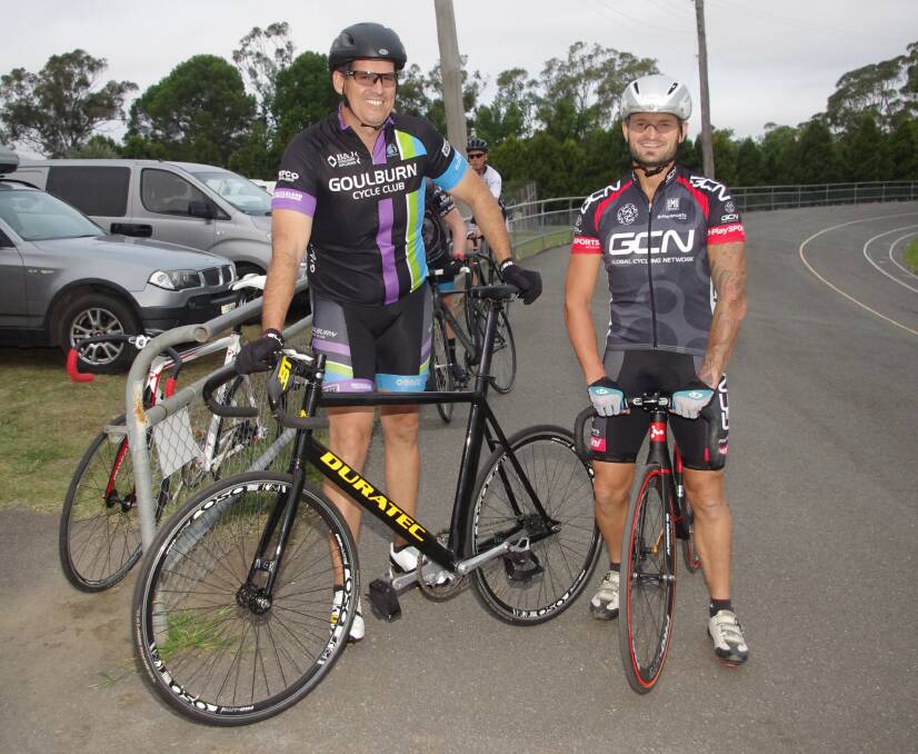 MASTERS RIDERS: Brian Rawlinson and Paul Parlett at Goulburn Cycle Club's Friday night track competition. Photos: Darryl Fernance