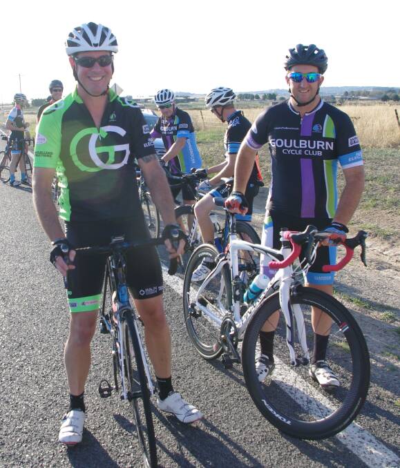 WAITING: Anthony Field and Wayne Bensley waiting on the Brisbane Grove Road with other riders to get called up to start their 22km time trial on Wednesday afternoon. Photo: Darryl Fernance