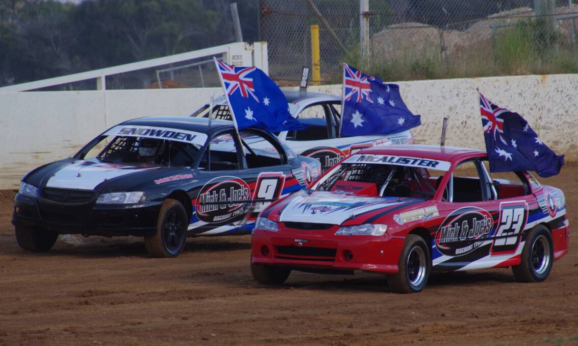 GOULBURN TEAM: Pictured during the Parade lap at the Goulburn Speedway Christmas Cup meeting are Darren Snowden #9, Damien McAlister #23 and Craig McAlister #32. Photo: Darryl Fernance
