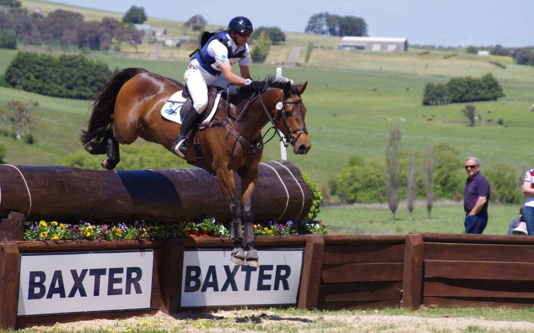 OLYMPIAN: Stuart Tinney on Queen Mary on the homeward journey at the Baxter Boots road crossing in the 2016  three star cross country event. Photo: Darryl Fernance