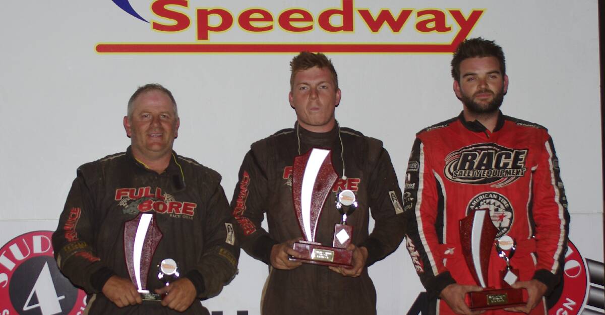 WINGLESS PODIUM: Third place Troy Carey, winner Marshall Blyton of Dubbo and second Harley Smee in his first podium finish. Photo: Darryl Fernance