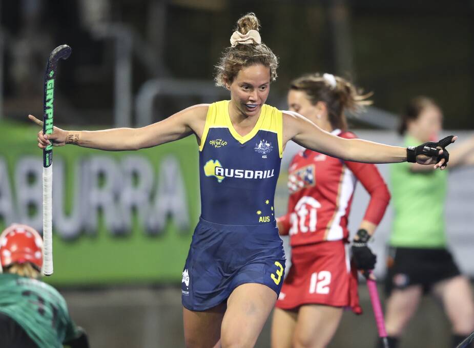 CELEBRATING: Brooke Peris celebrating after scoring for the Hockeyroos in the second-half goal against the United States on Thursday. Photo: Hockey Australia.