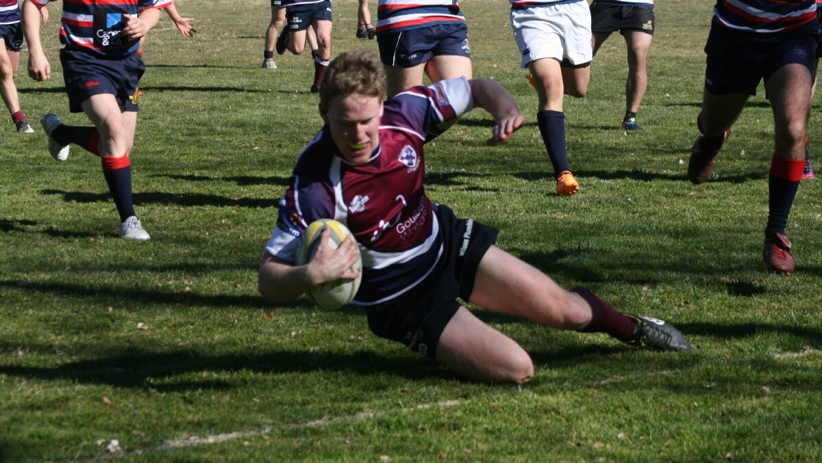 POINTS ON BOARD MAN: Goulburn Rugby's leading try-scorer for 2017, George Boardman, runs in his 11th and final try for the year in the final round against Easts at Griffith Oval. Photo: Chris Gordon