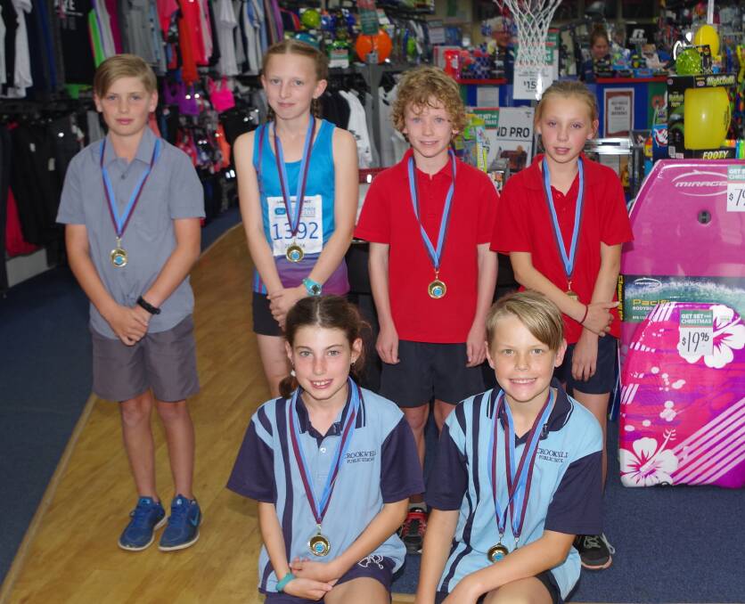 CROSS COUNTRY: Front: Lilly Skelly and Luke Palmer (Crookwell) Back: Joshua Smiles (West), Jessica Hassan (Marulan), Jarvis Woods (West) and Lillian Bain (West).