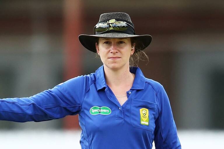 FIRST: Claire Polosak is the first female on-field umpire to officiate a final in the history of the Women’s World T20. Photo: Cricket NSW