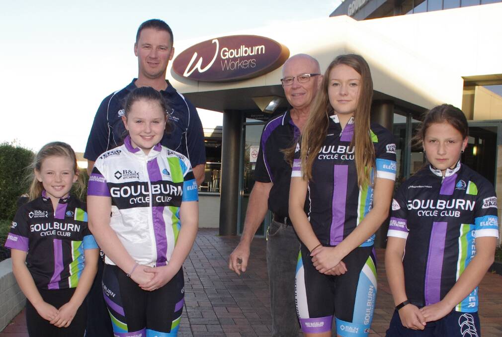 YOUNG RIDERS: Goulburn Cycle Club junior riders Elsie Apps u11s, Emma St Vincent u15s, Tamika, Wallace, u17s and Caitlin Bensley u13s with Workers Club board member joe Stephens and Goulburn Cycle Club's youth coach Graeme Northey looking forward to the Junior Cycle Tour this weekend, May 27-28. Photo: Darryl Fernance