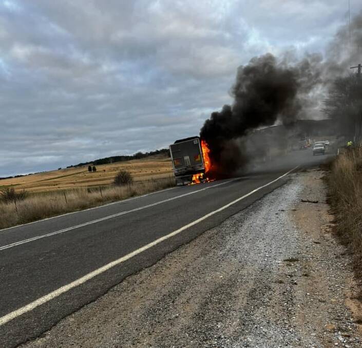A truck fire has temporarily blocked travel lanes on the Goulburn to Bungendore Road, just outside Tarago. Picture by James French.