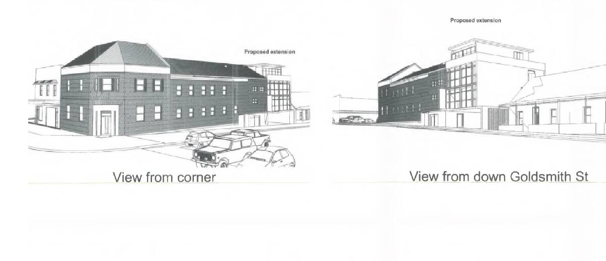 Architect Doug McIntyre's artist's impression of the motel viewed from the Auburn St side and Goldsmith St.