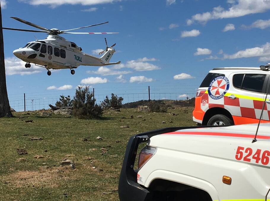 The Toll helicopter airlifted a man from a remote property near Bannaby after he fell and broke his leg. Photo courtesy NSW Ambulance Inspector Martin Cutler.