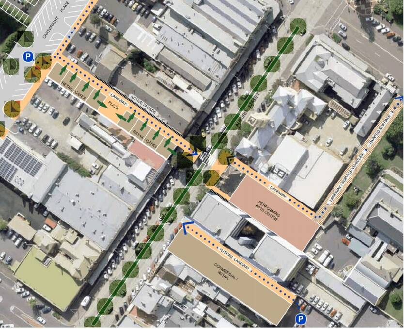 Consultants Spacelab recommend a new lane be created linking Auburn Street (centre) to Cartwright Place (left) and rejuvenating another lane (right) with better links to parking behind the former Huntly Arcade. Image: Spacelab.