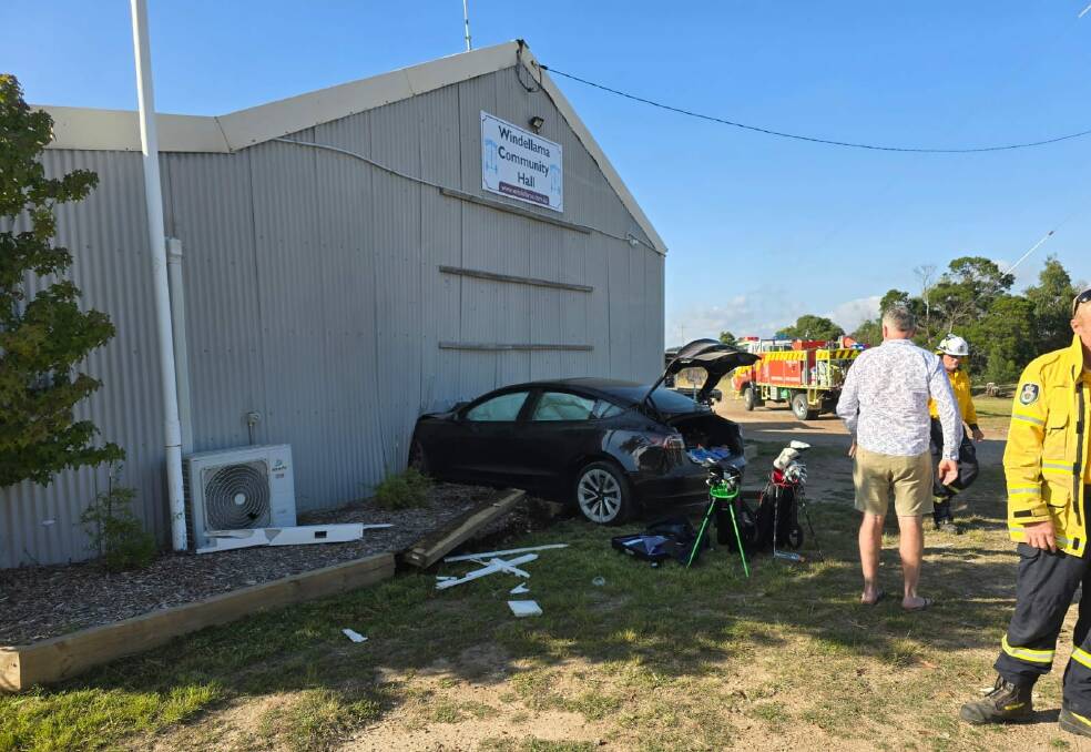 A car crashed into the Windellama Hall early on Saturday morning. Picture by Windellama RFS.