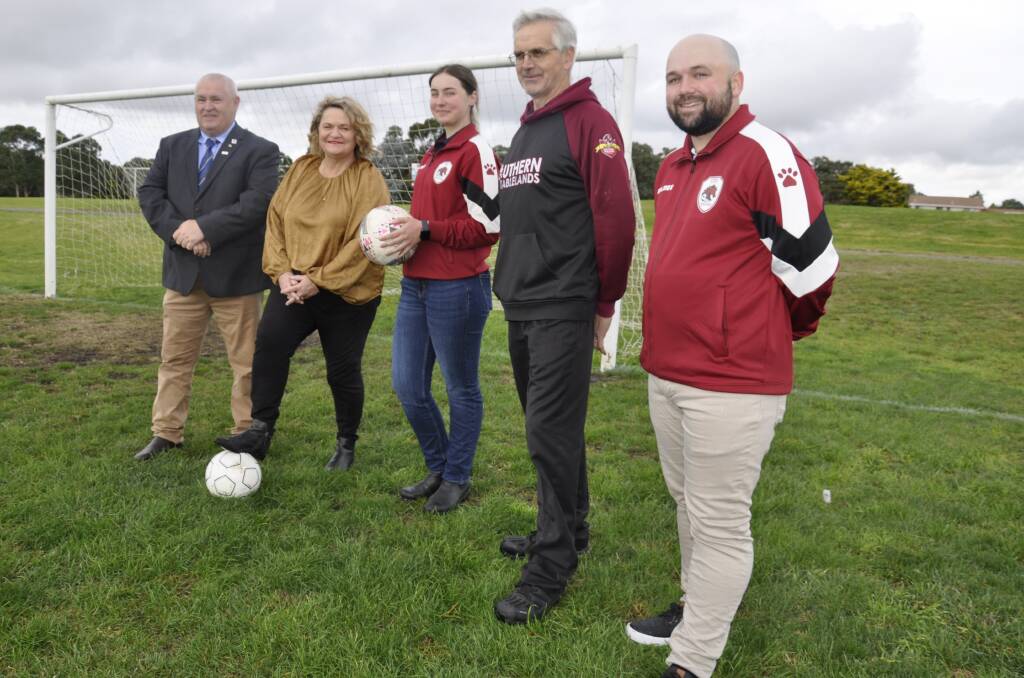 Deputy mayor Steve Ruddell, Goulburn MP Wendy Tuckerman and Southern Tablelands Football Association reps, Kayla Webb, Rob Scott and Jason Broadbent at Friday's announcement. Picture by Louise Thrower.