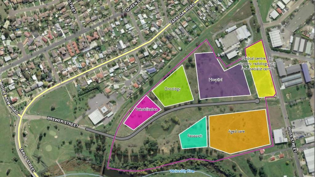 A master plan of the health hub development showing aged care and a research centre (marked in ochre and green), and the rehabilitation centre (pink), oncology (green), hospital and medical centre off Ross Street, Bradfordville. Image supplied.