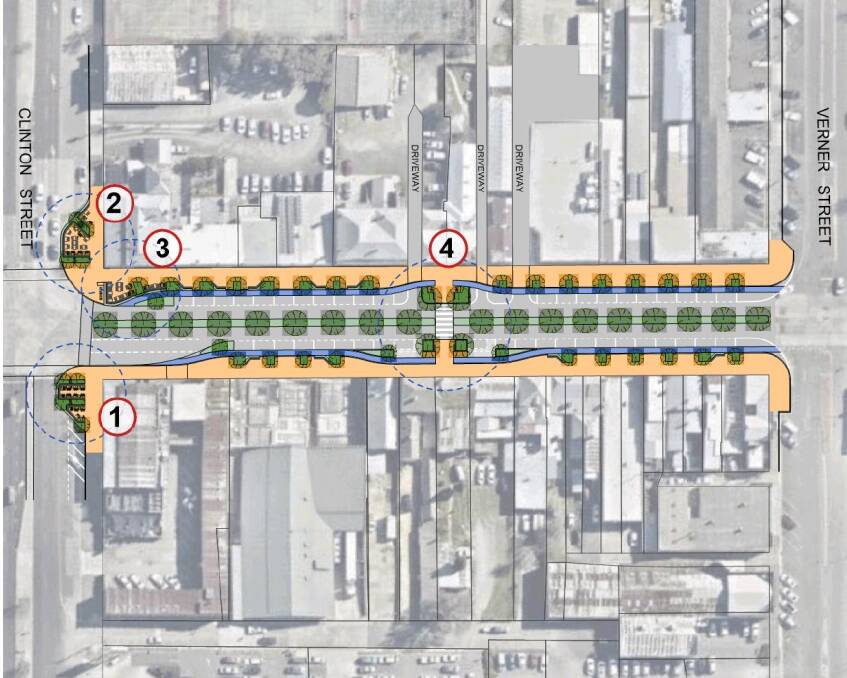 Spacelab's concept plan for Auburn Street between Clinton and Verner Streets proposes more landscaping, a cycle lane and 'parklets.'