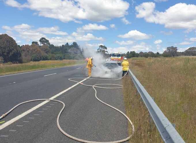 The car fire occurred near Thornford Road on the Federal Highway. Picture by Southern Tablelands RFS.