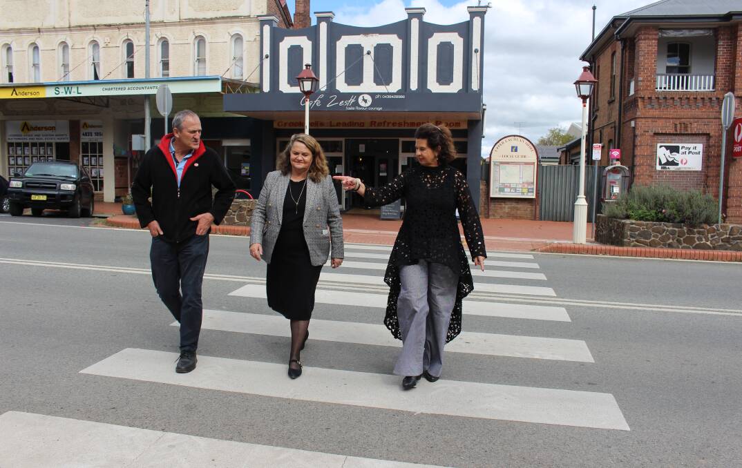 Crookwell businessman Floyd Davies, Goulburn MP Wendy Tuckerman and Upper Lachlan Shire Mayor, Pam Kensit at Crookwell's pedestrian crossing in 2022. Picture supplied. 
