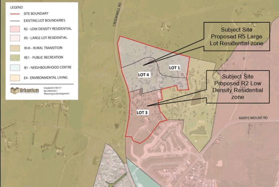 The proposed rezoning for Ganter Constructions planning proposal. The company wants to subdivide into 2000 square metre lots in the environmental living zone at top and 700 square metre blocks in the R2 low density residential zone below. Image: Ganter Constructions Planning Proposal.