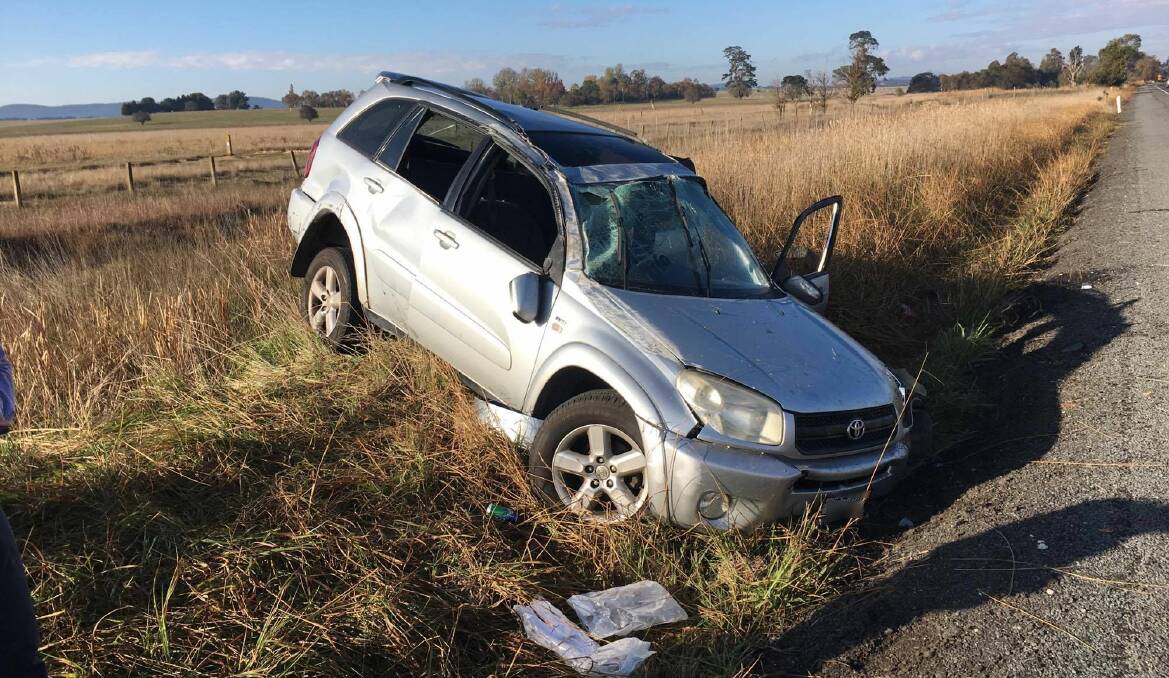 Four people were injured in the crash on the southbound lane of the Federal Highway, some 20km from Goulburn on Saturday morning. Photo courtesy NSW Traffic and Highway Patrol.  