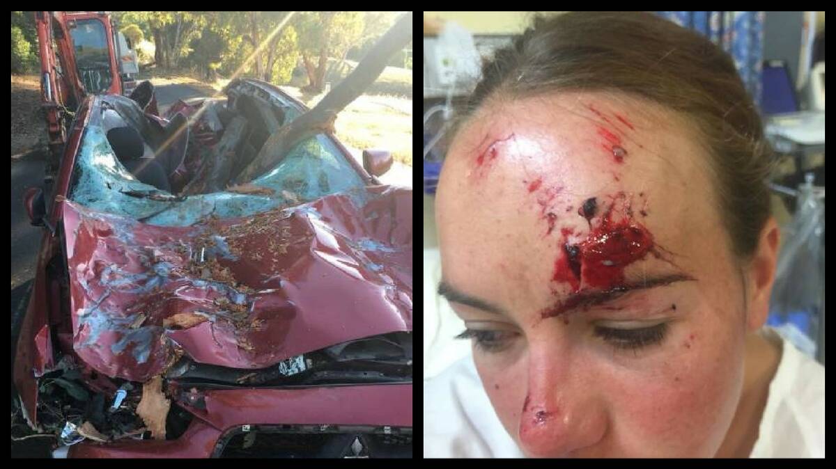 Southern District jockey Megan Taylor and her crushed car. Photos: Supplied