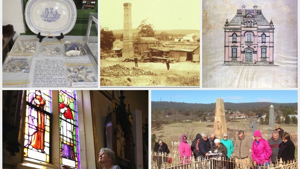 Clockwise, from top left, crockery at Garroorigang; historic Gulson Brickworks; an E.C. Manfred architectural sketch; St Saviour's cemetery tour; and stained glass at SS Peter and Paul's Cathedral. Photos: file