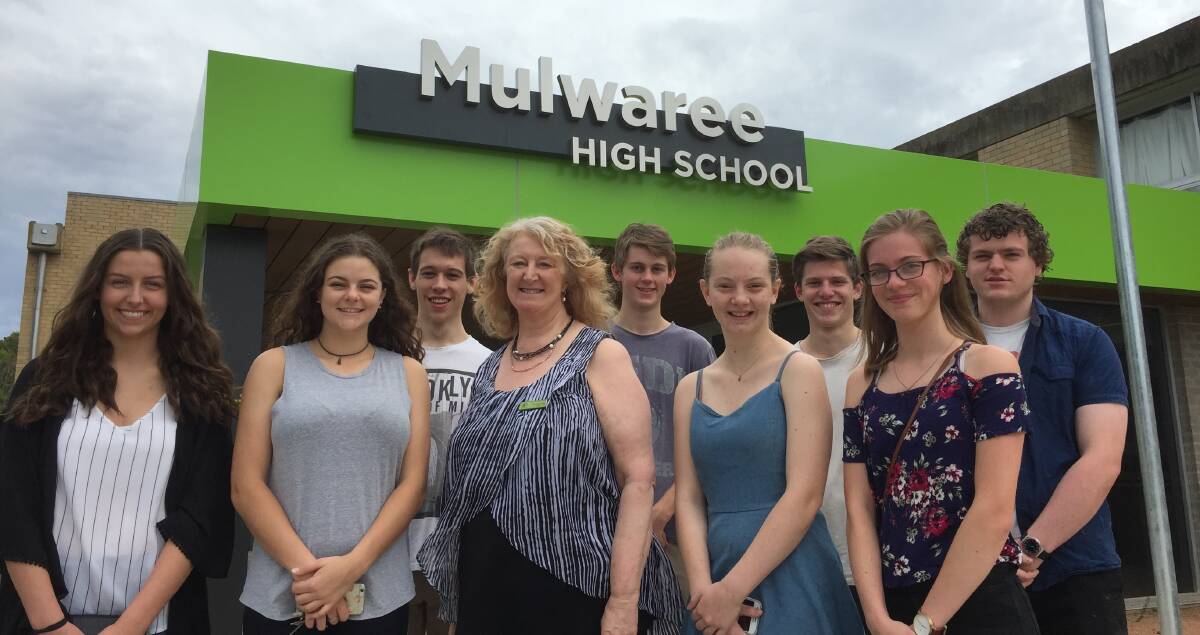 Mulwaree High Year 12 students (left) Emma O'Donnell, Kelly Rowlings, Thomas Bensley, principal Judith Stuart, Same Dawe, Hayley Wannell, Jack Steel, Isobell Gorring and Peter Holmes. 