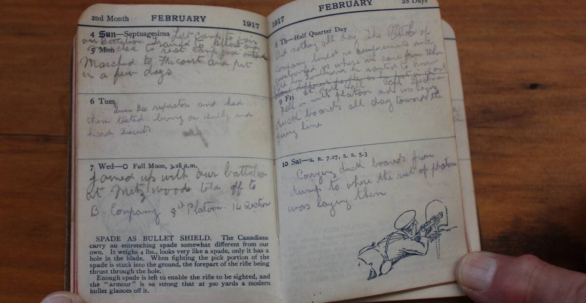 TIPS: A page from the diary, showing a useful tip about how to use your spade as a shield against bullets. It also contains useful knots, maps and flags.