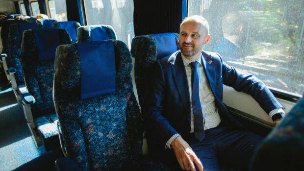 BARR ON BOARD: ACT Chief Minister Andrew Barr aboard a train to Sydney recently where he met with NSW Minister for Infrastructure Andrew Constance. Photo: Sitthixay Ditthavong from the Canberra Times. 