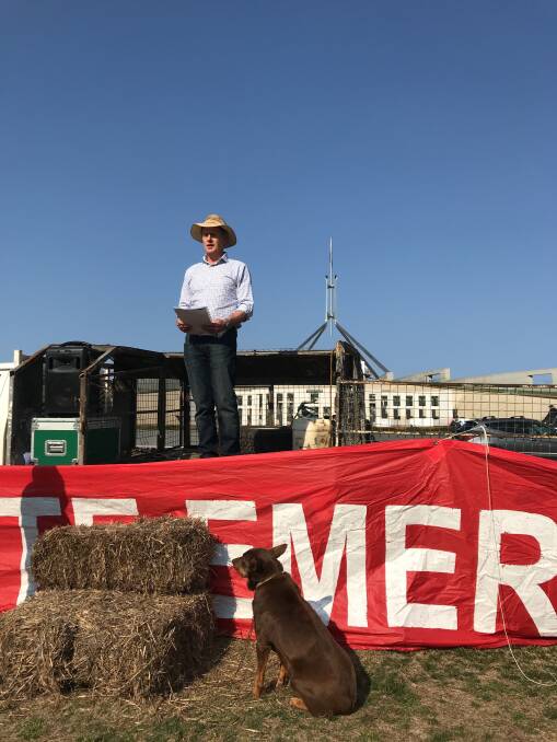FRUSTRATION: Crookwell farmer Charlie Prell speaking at a rally out the front of Parliament House on Monday. Photo supplied. 
