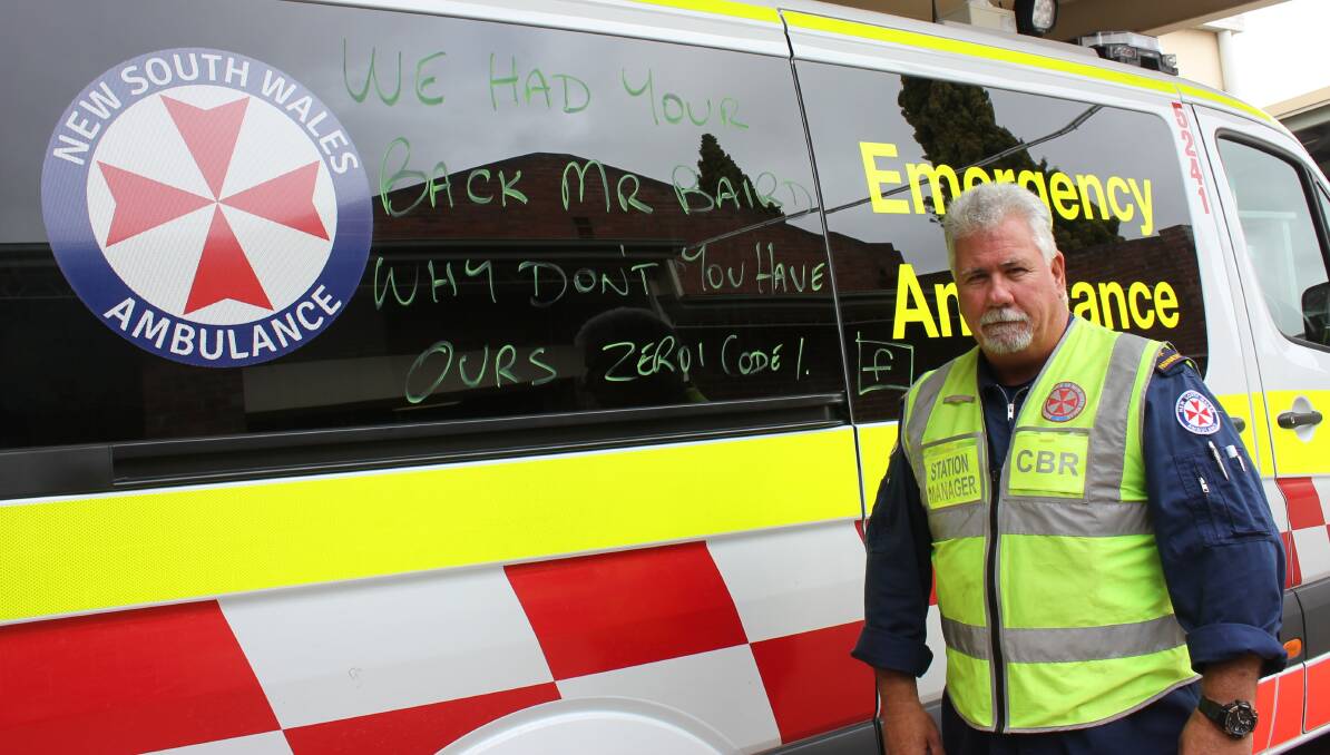 PROTEST: Goulburn Ambulance station manager Ian Hanna backs the protest against reductions to paramedics' Death and Disability Scheme. 
