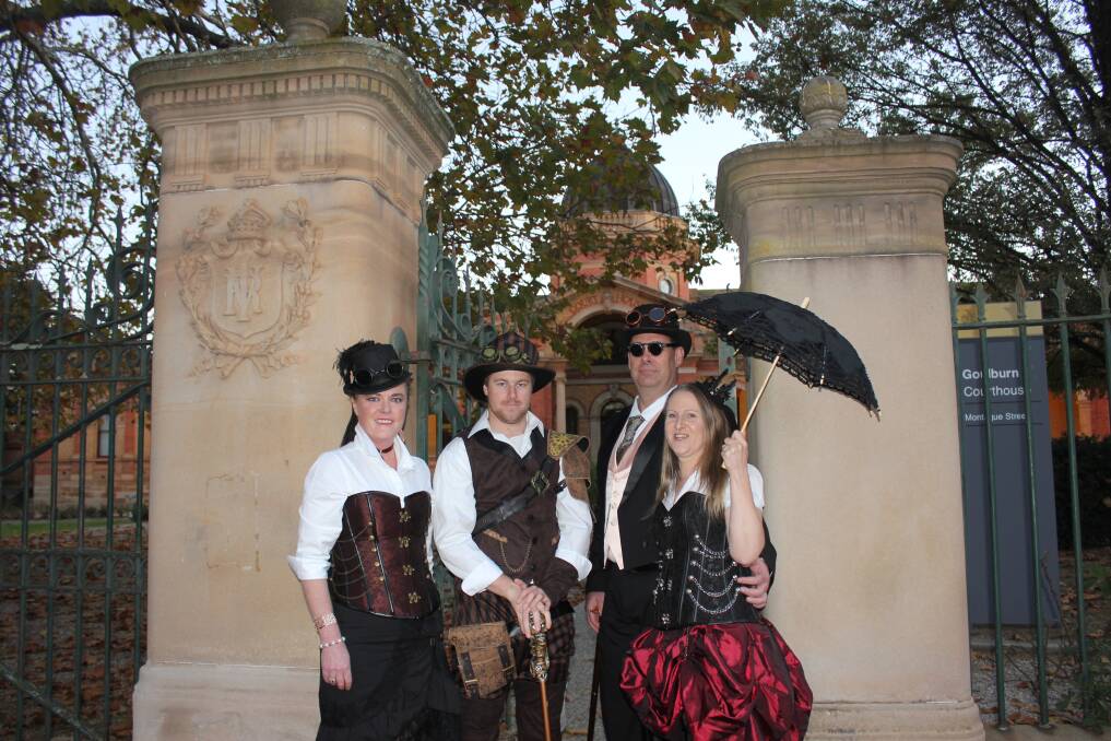 GETTING IN THE SPIRIT: Steampunk is the theme for this year’s Goulburn White Ribbon Ball and getting into costume to promote the event at the Goulburn Courthouse were: Bernadette Hilton, Dylan Louden, Aaron Harris and Jo Harris. 