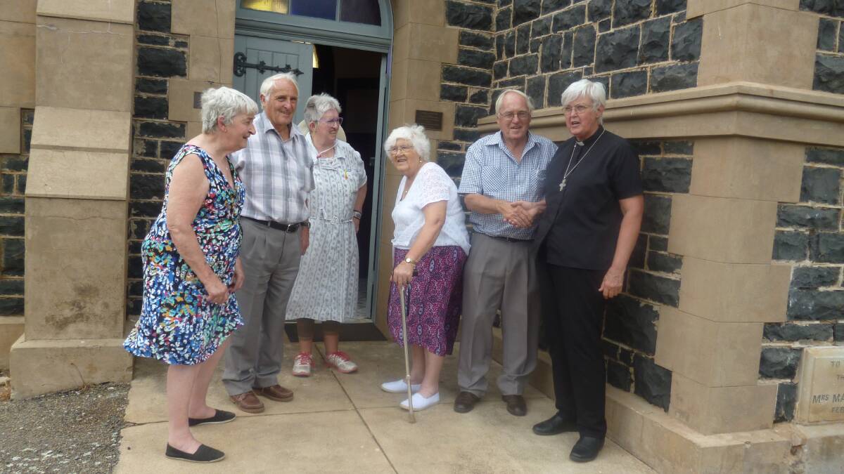 ST LUKES: In front of St Luke's Church, Taralga, are Helen Francis, Frank Fleming, Mary McInnes, Joyce Fleming, Ken Fleming and Rev Sallyanne Hart. Photo supplied. 