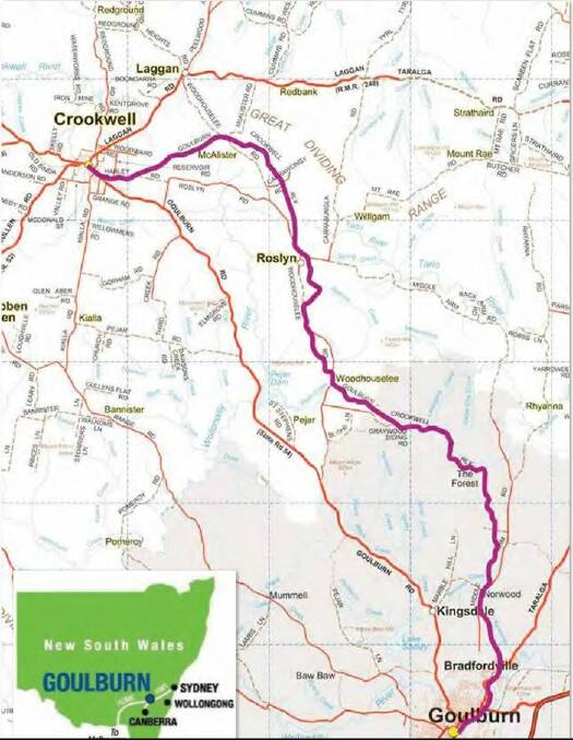 MAP: A map showing the proposed Goulbrun to Crookwell Rail Trail. 