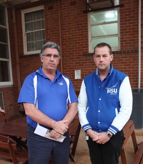 UNION SPEAKS: NSW Health Services Union secretary Gerard Hayes and organiser southern NSW Josh Howarth at the meeting at Goulburn Base Hospital on Wednesday.