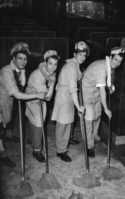 MOPPING UP: Cleaning up at the Blue & White Milk Bar, Goulburn, in 954 were Nick Anagnostis, Leo (Livanis) Gianakis, George Portoglou and Steve Cominakis. 