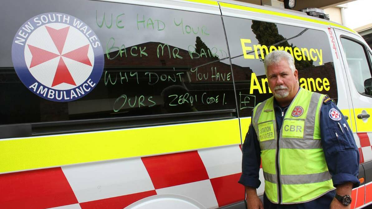 PROTEST: Goulburn Ambulance station manager Ian Hanna backs the protest against reductions to paramedics' Death and Disability Scheme earlier this year. 