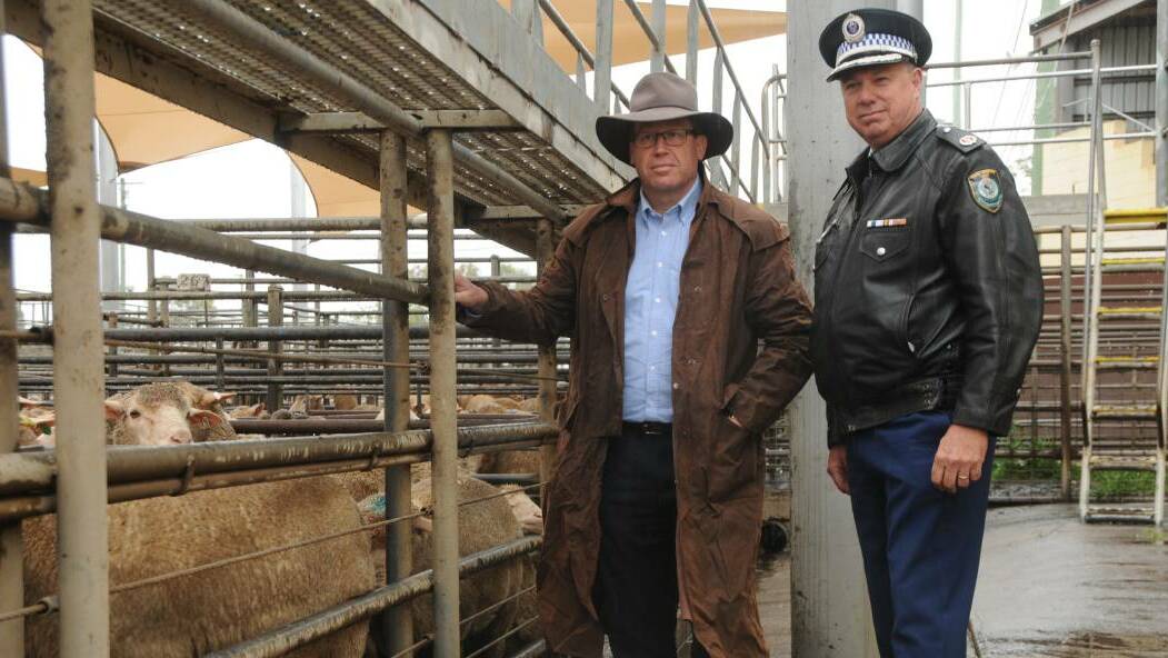 Minister for Police Troy Grant and Western Region Commander Geoff McKechnie, Dubbo Saleyards. Photo: GRACE RYAN.