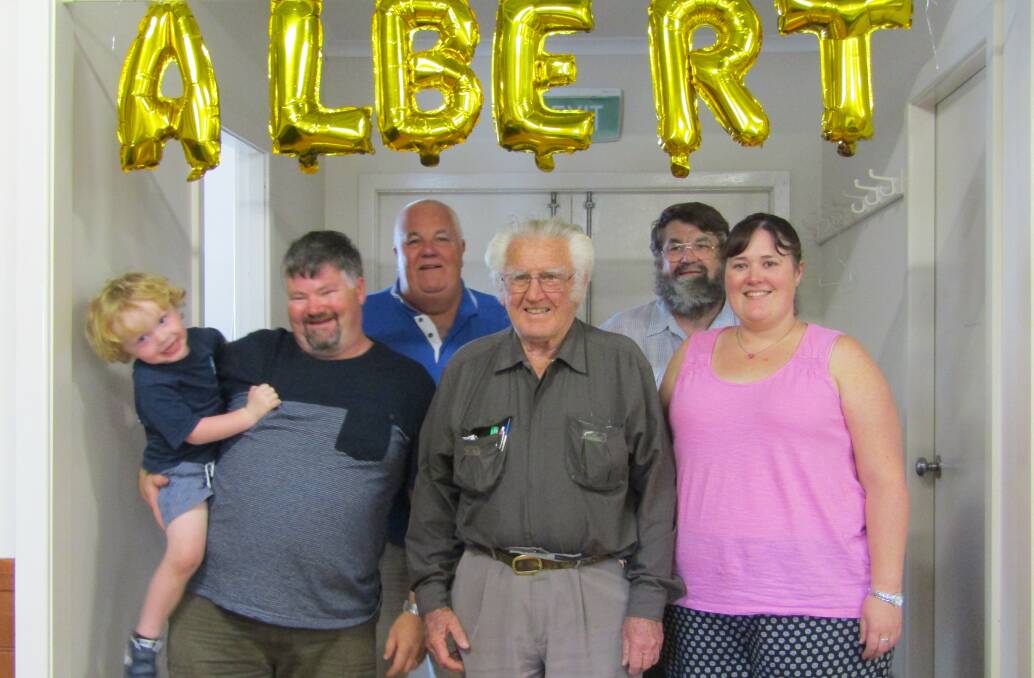 HAPPY DAY: Four generations celebrating Albert Burman's 90th birthday: Alan, Stephan (rear); Lucas, Jason, Albert, Allison. Absent: Rodger and Dale Burman