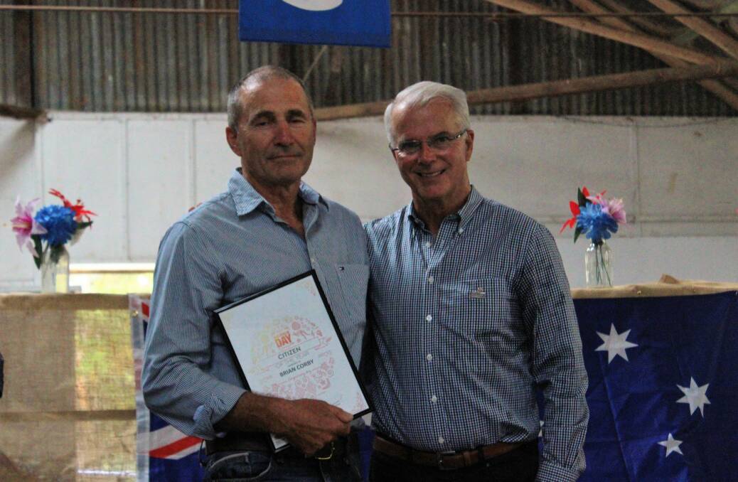HONOURED: Brian Corby was named as Taralga’s Citizen of the Year by Gordon Bray, who was the Australia Day Ambasssador for the area.           
